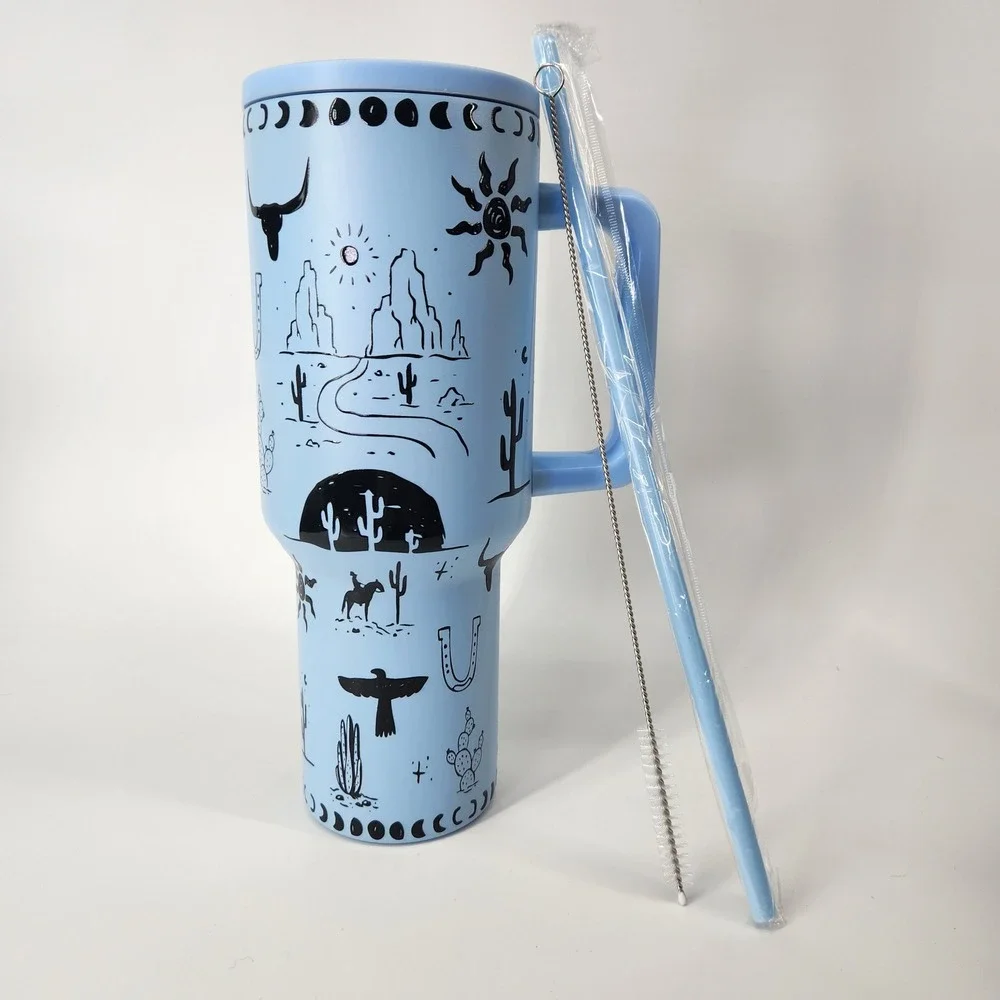Dani Morgans Boutique Desert Western Blue Tumbler 40oz Handle‎ Straw New in Box